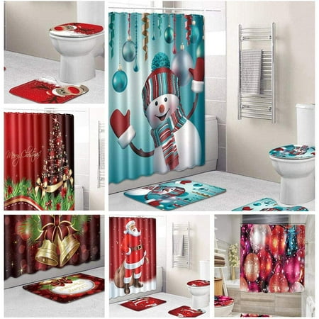 Red Gold Waterproof Bathroom Curtain Santa Shower Curtain with 12 Hooks Toilet Lid Cover and Bath Mat Dekoresyon 4 Pcs Merry Christmas Shower Curtain Sets with Non-Slip Rugs